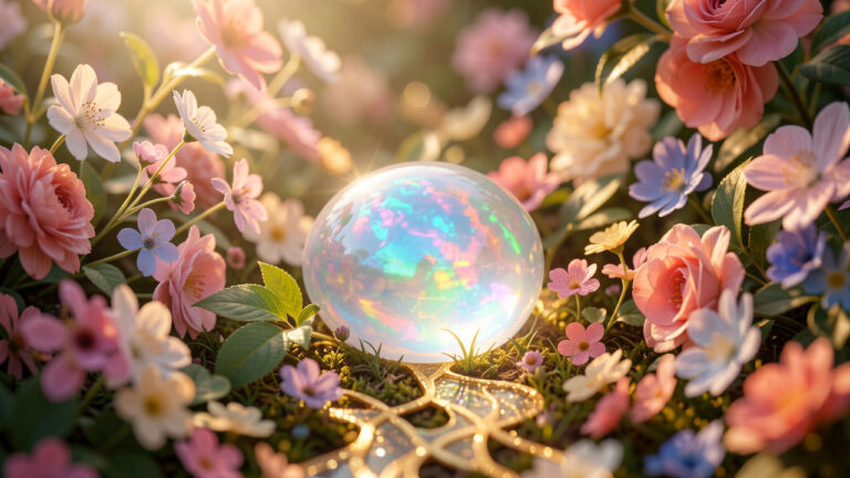 Une opale lumineuse entourée de fleurs abondantes et de chemins de lumière dorée symbolisant la créativité et l’ouverture de nouvelles possibilités.