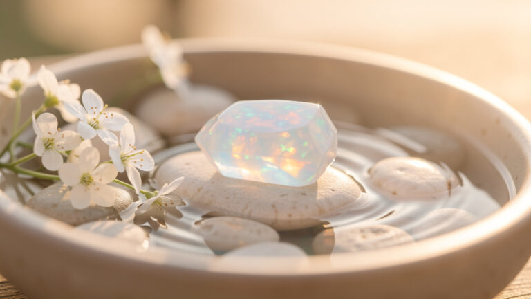 Pierre d’opalite irisée posée sur des galets clairs, entourée de fleurs blanches et de douces ondulations d’eau dans une ambiance sereine.