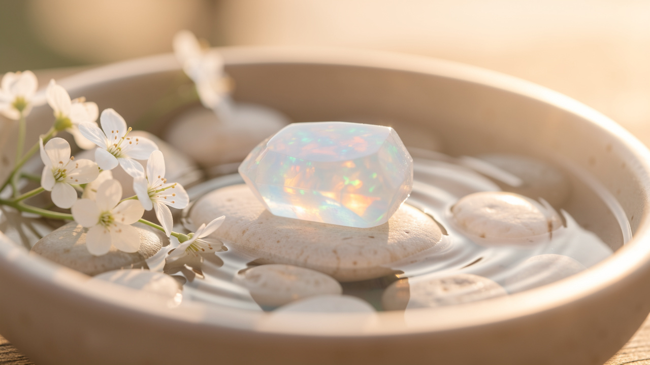Pierre d’opalite irisée posée sur des galets clairs, entourée de fleurs blanches et de douces ondulations d’eau dans une ambiance sereine.