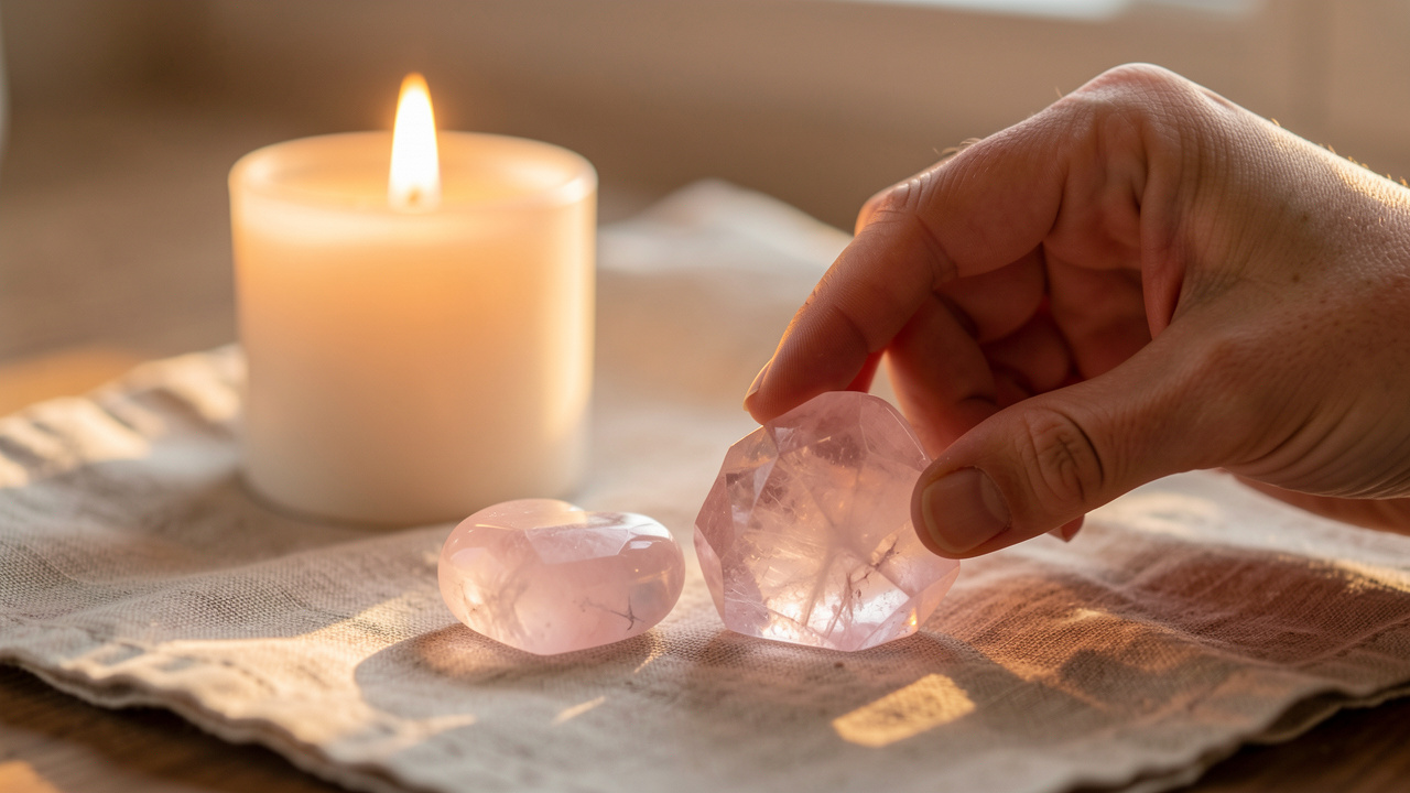 Des cristaux de quartz rose posés sur un tissu en lin, près d’une bougie allumée, avec une main féminine qui les ajuste pour un rituel apaisant de confiance en soi.