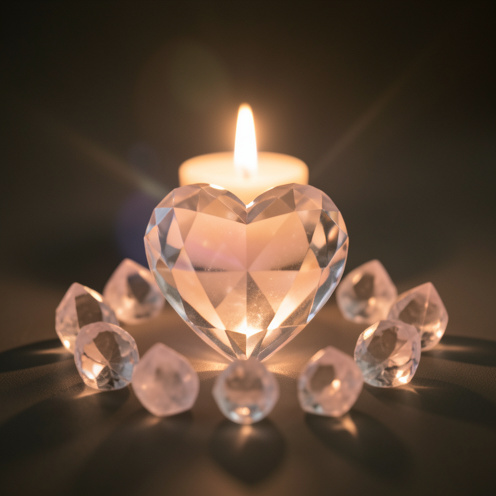 Composition réaliste de cristaux et de pierre en forme de cœur, éclairés par une lueur chaude et tamisée, évoquant l’amour et la protection.