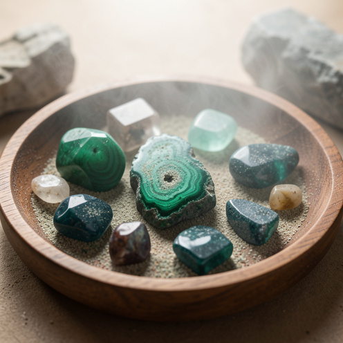Pierres précieuses de teintes vertes disposées sur un plateau en bois, éclairage doux et rendu macro des facettes minérales, ambiance sereine et naturelle.