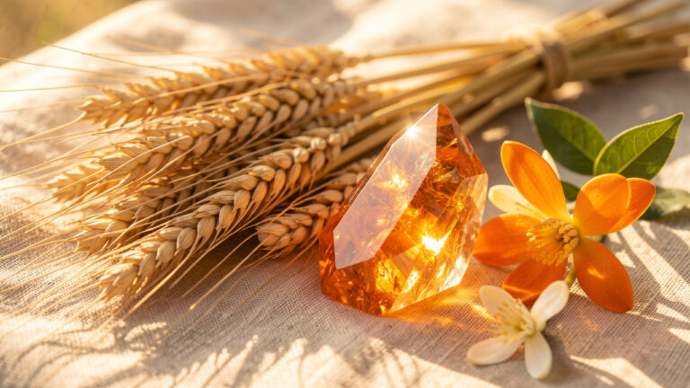 Nature morte lumineuse représentant une pierre de soleil près d’épis de blé dorés et de fleurs orange, dans une ambiance chaleureuse évoquant l’abondance et la confiance.