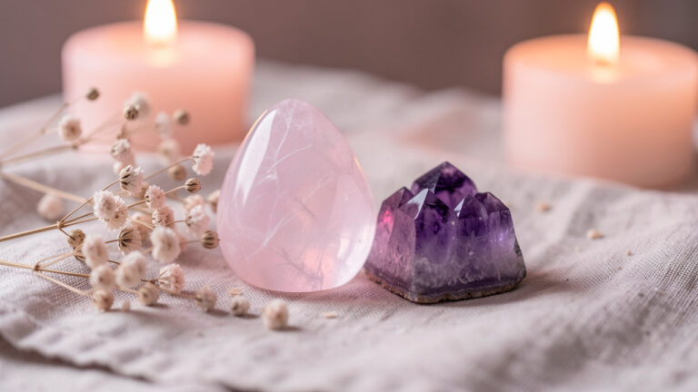 Quartz rose et améthyste éclairés doucement sur un tissu en lin, évoquant la guérison émotionnelle et la paix intérieure.