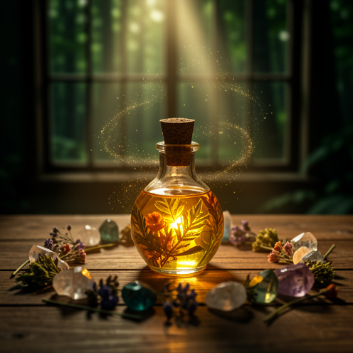 Flacon de potion aux reflets lumineux, cristaux et fleurs séchées autour, poussière féerique tourbillonnante sur une table en bois, lumière chaude dans une ambiance de forêt sombre, style photo documentaire réaliste.