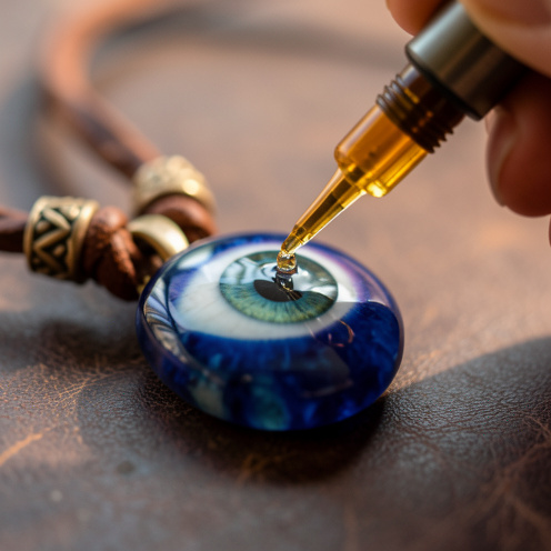 Gros plan réaliste d’un pendentif en pierre œil de faucon, nettoyé et rechargé avec une huile minérale, lumière douce et reflets profonds bleus et ambrés sur un cordon en cuir.