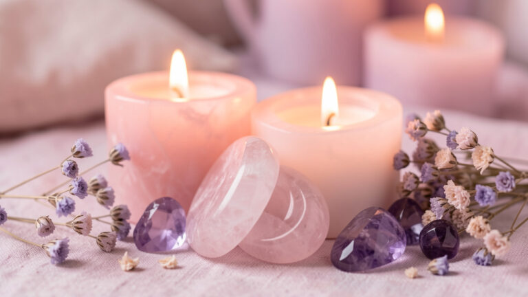 Composition délicate de quartz rose et d’améthyste entourés de bougies et de fleurs séchées, évoquant l’apaisement, la confiance et l’harmonie dans une relation amoureuse.