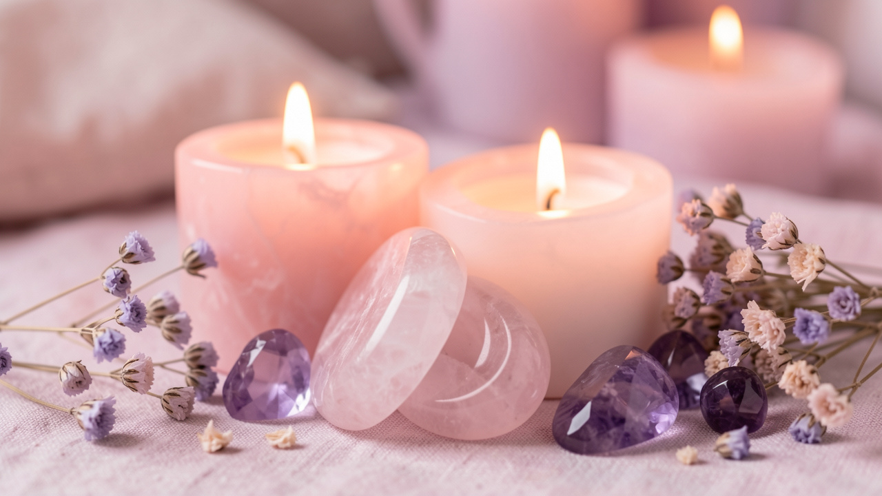 Composition délicate de quartz rose et d’améthyste entourés de bougies et de fleurs séchées, évoquant l’apaisement, la confiance et l’harmonie dans une relation amoureuse.