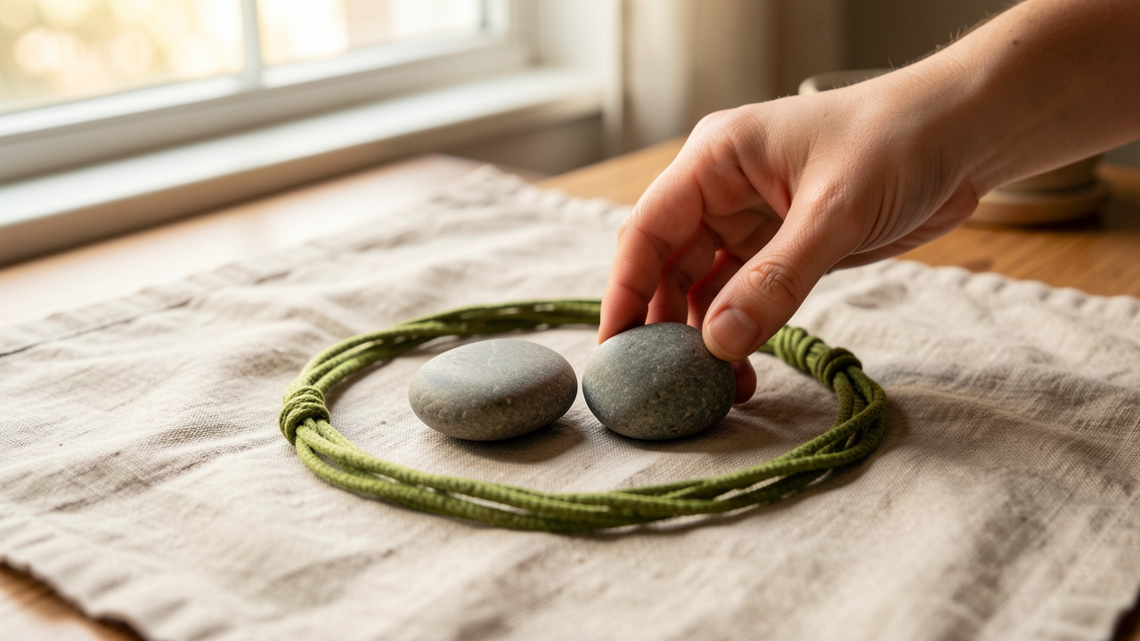 Pierres de protection et cordon d’ancrage posés sur un tissu en lin, une main les agence doucement en cercle rituel sous une lumière du matin, atmosphère calme et chaleureuse.