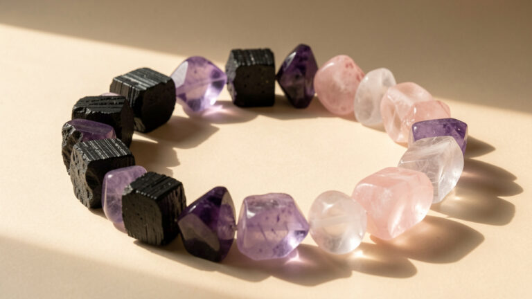 Arrangement harmonieux de tourmaline noire, d’améthyste et de quartz rose formant une limite protectrice autour d’un espace central apaisé.
