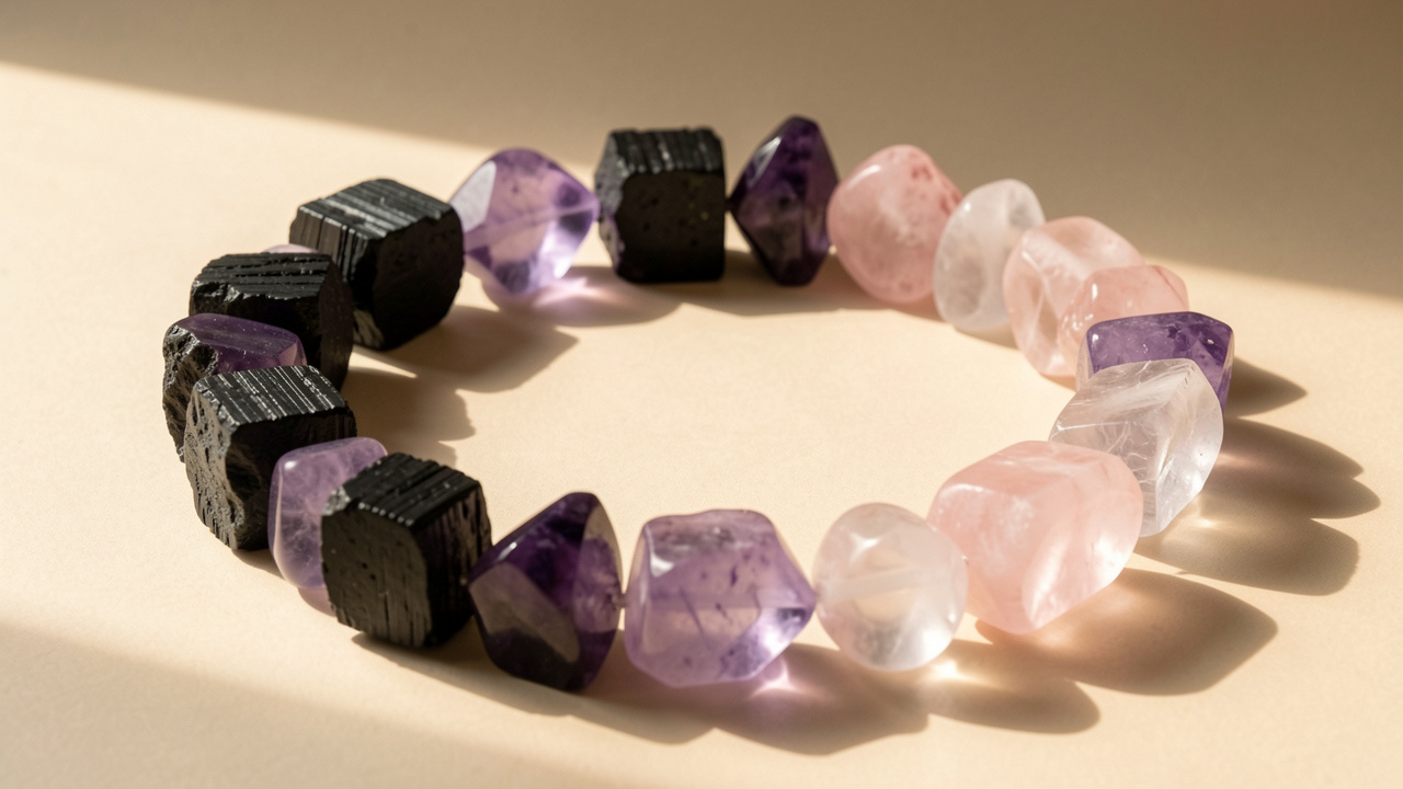 Arrangement harmonieux de tourmaline noire, d’améthyste et de quartz rose formant une limite protectrice autour d’un espace central apaisé.
