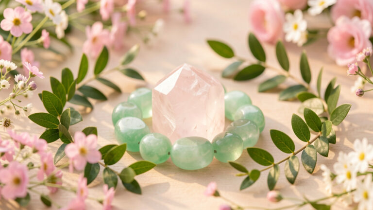 Quartz rose et aventurines vertes entourés de fleurs sauvages et de branches entrelacées, évoquant des relations amicales sincères.
