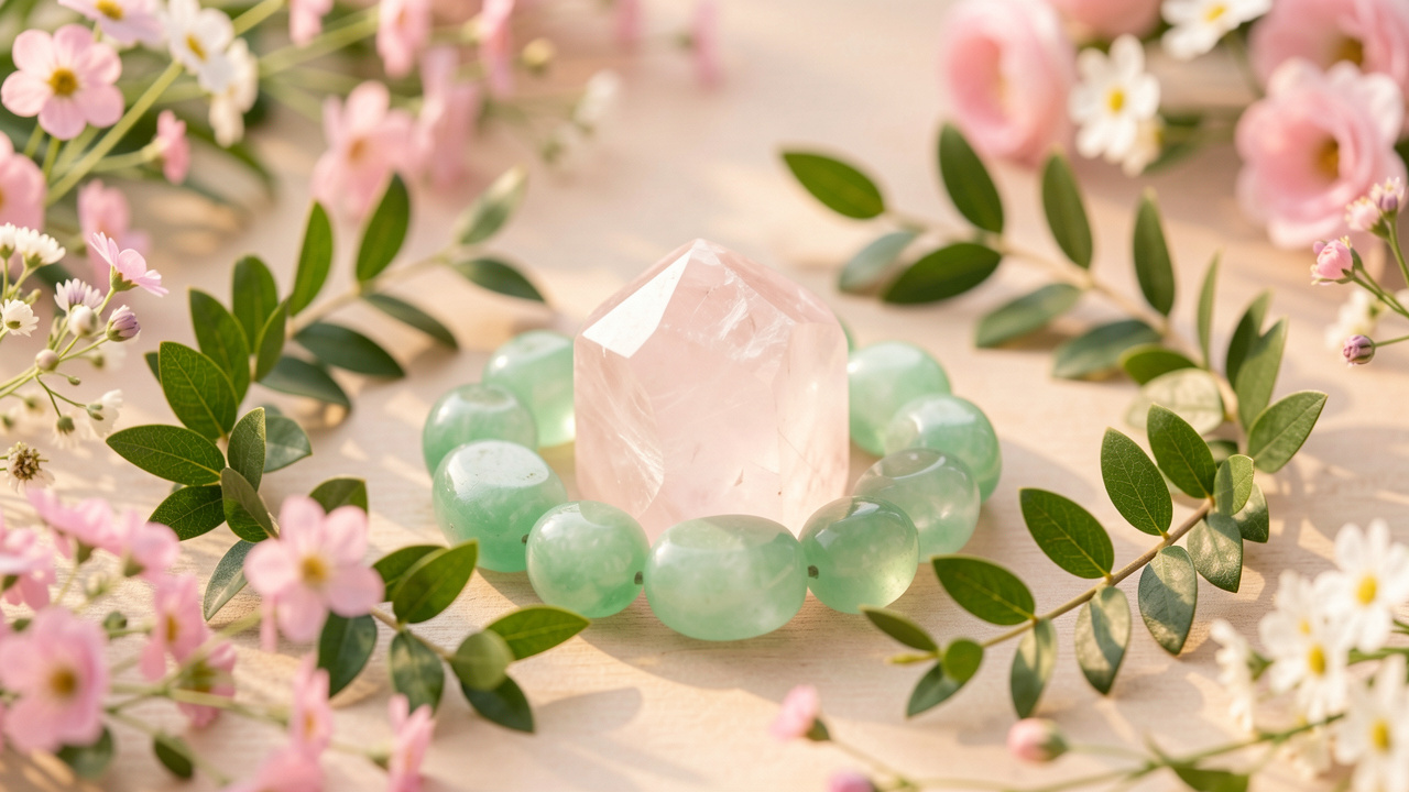 Quartz rose et aventurines vertes entourés de fleurs sauvages et de branches entrelacées, évoquant des relations amicales sincères.