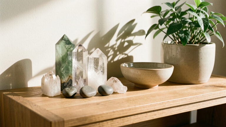 Arrangement harmonieux de pierres et cristaux naturels sur une console en bois, entourés de plantes vertes dans un intérieur chaleureux.