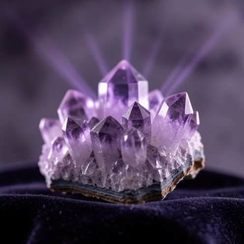 Gros plan réaliste d’un amas d’améthyste violet sur un tissu sombre, avec une lueur douce mettant en valeur les facettes et les textures de la pierre.