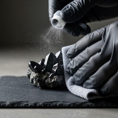 Gros plan d’une grappe de tourmaline noire sur une ardoise sombre, avec des gants qui la nettoient délicatement et une lumière latérale dramatique pour révéler ses facettes.