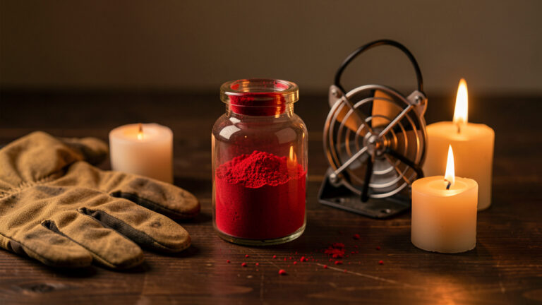 Petit flacon en verre hermétiquement fermé contenant un minéral rouge vif, posé près de gants de protection, d’un ventilateur et d’une bougie éteinte sur une table en bois.