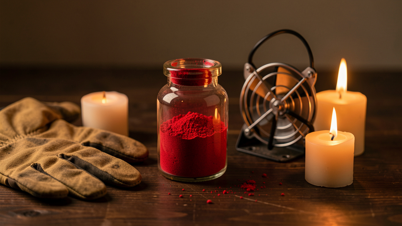Petit flacon en verre hermétiquement fermé contenant un minéral rouge vif, posé près de gants de protection, d’un ventilateur et d’une bougie éteinte sur une table en bois.