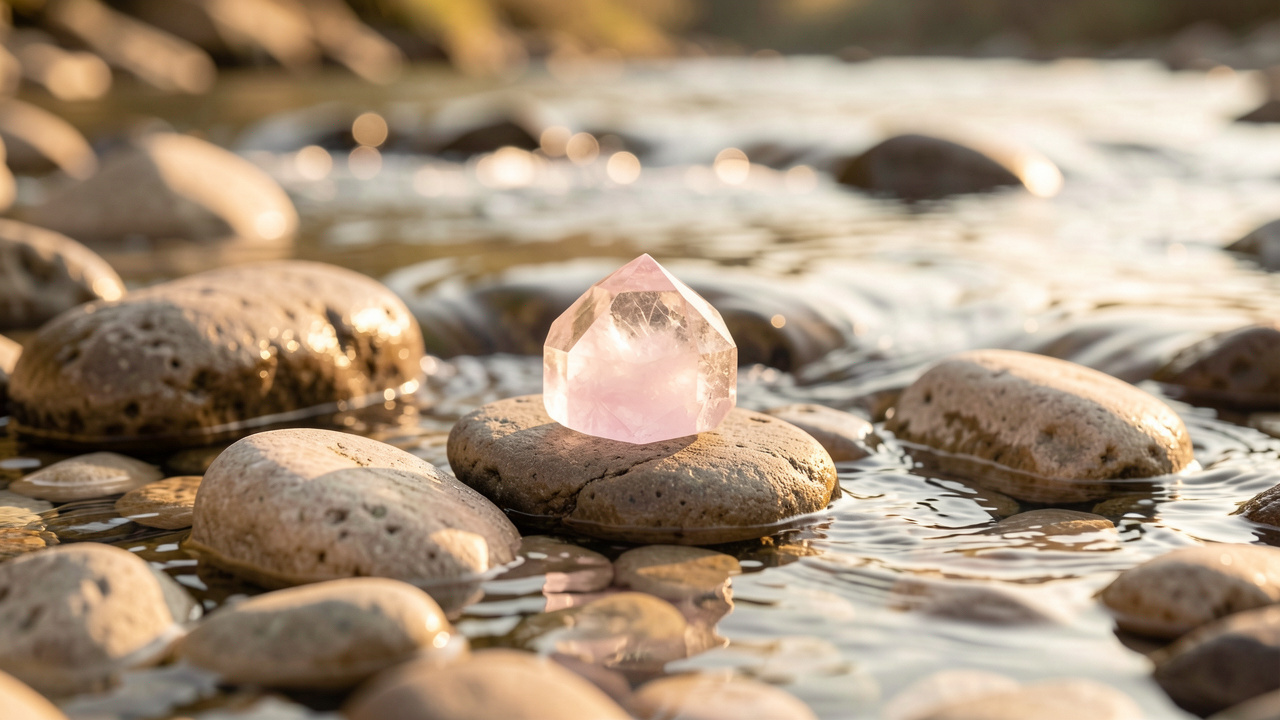 Pierres de quartz rose et transparent posées sur des galets, baignées par l’eau et la lumière douce du matin.