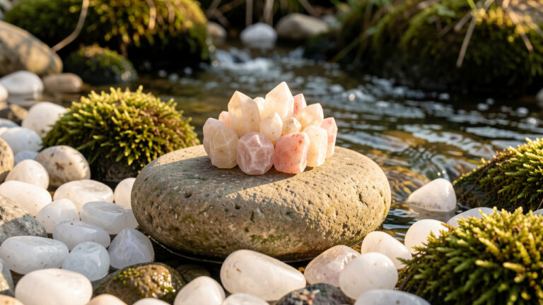 Cristaux de dolomite aux teintes crème et rose pâle posés près d’un ruisseau, entourés de mousse et de galets dans une lumière douce.