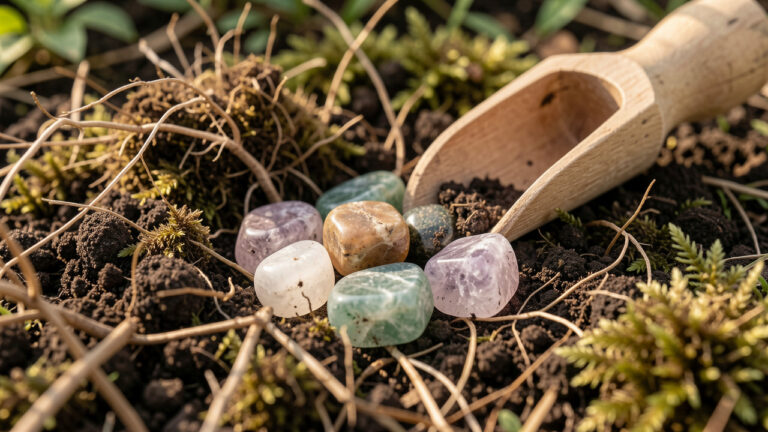Collection de pierres minérales déposées dans une terre de jardin riche, entourées de mousse et de petites racines, éclairées par une douce lumière matinale.