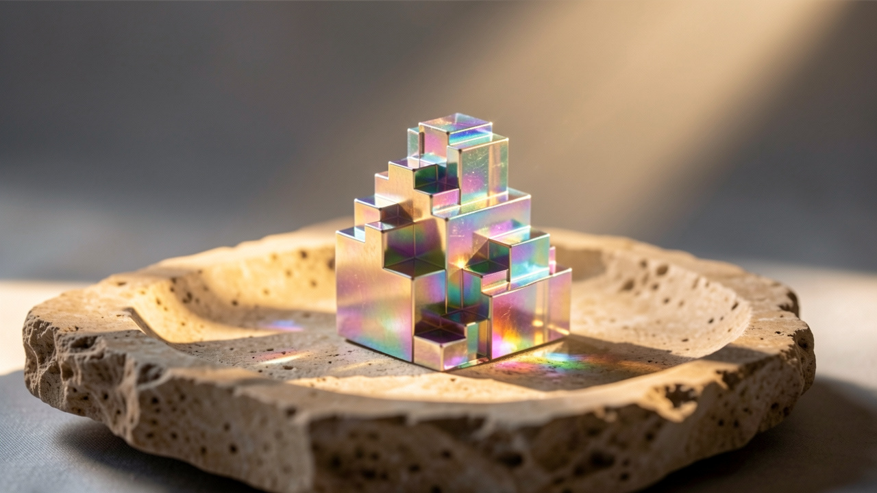 Cristal de bismuth aux reflets métalliques irisés, posé délicatement sur une pierre naturelle dans une lumière douce.