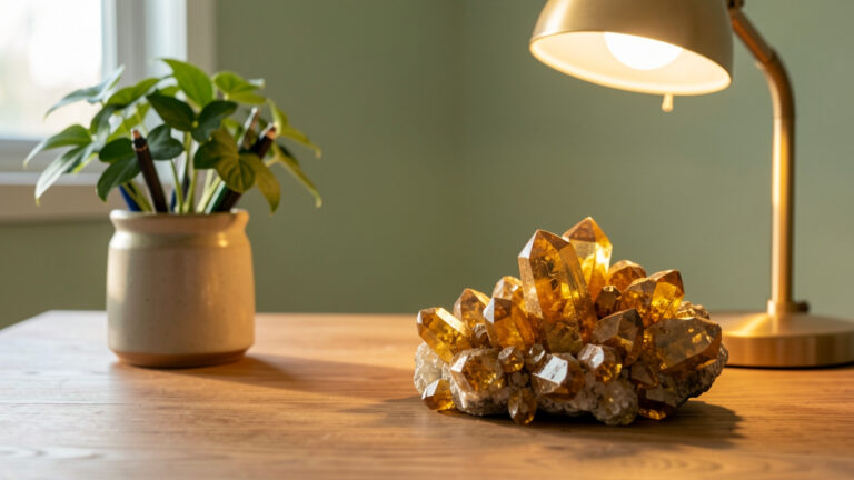 Groupe de cristaux de pyrite dorée placé sur un bureau en bois organisé, près d’une plante verte et d’une lampe douce.