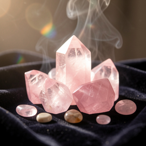Gros plan de cristaux de quartz rose sur un tissu de velours sombre, lumière douce et reflets prismatiques évoquant une énergie apaisante.