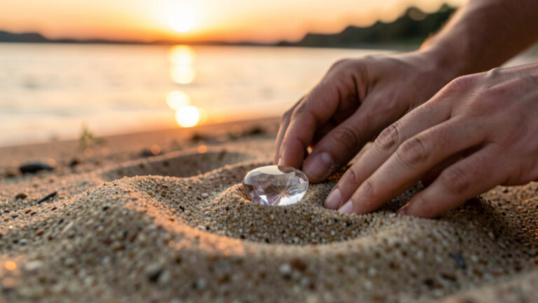 Pierre précieuse polie posée sur du sable, déposée avec douceur au coucher du soleil pour évoquer la sérénité après une rupture amoureuse.