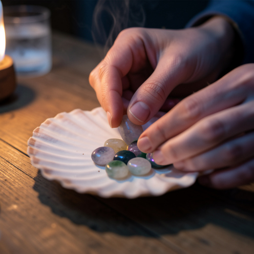Mains d’une femme plaçant des pierres dans une coquille Saint-Jacques sur une table en bois, ambiance chaleureuse et lumière douce, photo réaliste et naturelle.