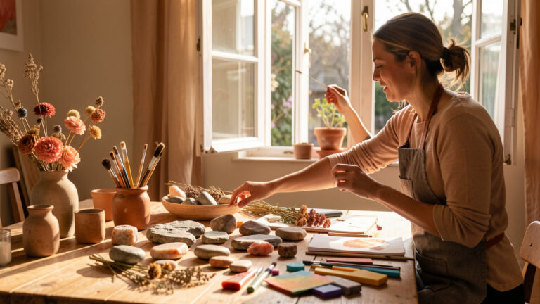 Une femme arrange des pierres de rhyolite et du matériel artistique sur une table baignée de lumière, dans un atelier chaleureux ouvert sur l’extérieur.