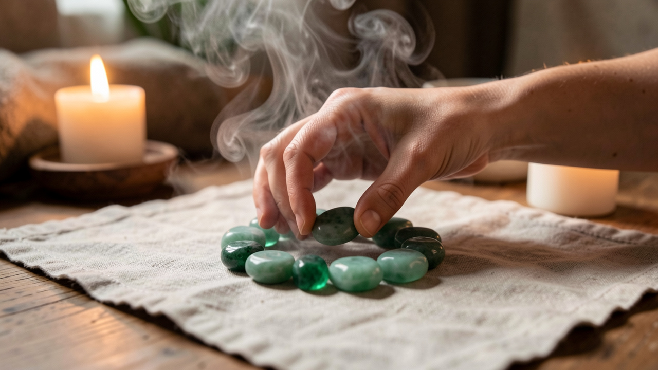 Rituel d’abondance : mains posant délicatement des pierres précieuses vertes en cercle sur un tissu en lin, éclairage doux de bougies et ambiance calme.