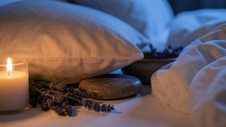 Pierre de méditation placée sous un oreiller en lin dans une chambre apaisante, entourée de lavande et éclairée par une douce lumière du soir.