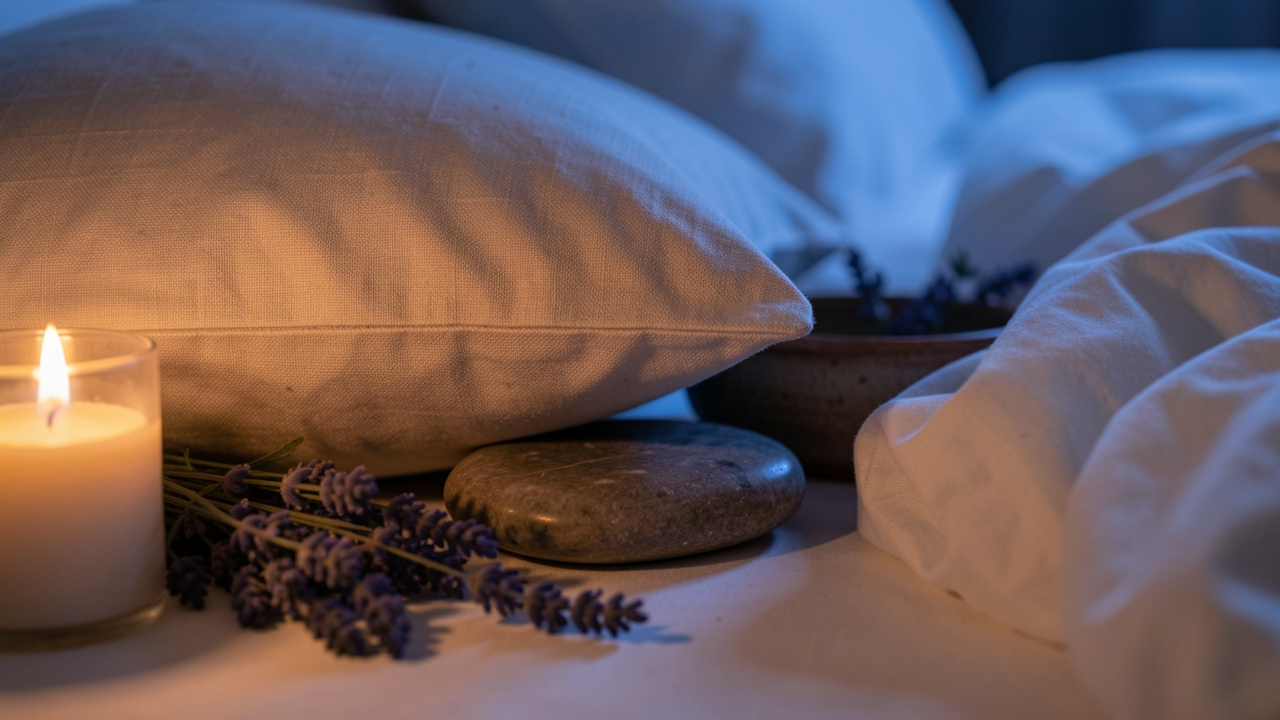 Pierre de méditation placée sous un oreiller en lin dans une chambre apaisante, entourée de lavande et éclairée par une douce lumière du soir.