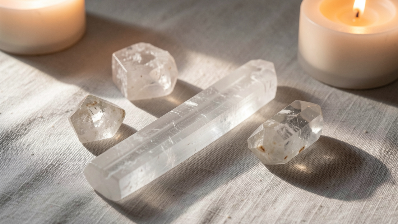 Bâton de sélénite translucide disposé avec plusieurs pierres naturelles polies sur un tissu en lin, dans une ambiance douce évoquant la purification et le rechargement.