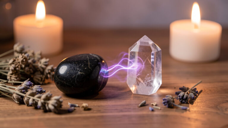 Composition sereine montrant une pierre sombre de protection auprès d’un cristal de quartz, entourés d’herbes sèches et éclairés par une lumière chaude.