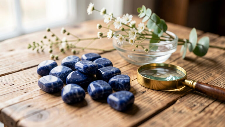 Pierres de sodalite bleues soigneusement disposées sur une surface en bois avec un petit récipient en verre, des éléments botaniques et une loupe.