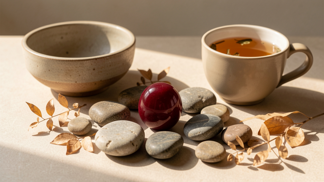 Un spinelle rouge profond au centre d’un arrangement minimaliste avec des pierres lisses, un bol en céramique, des feuilles séchées et une tasse de tisane dans une lumière douce.