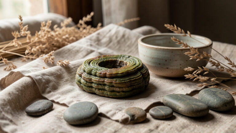 Pierre de stromatolite polie posée sur un tissu naturel, entourée de galets et d’éléments végétaux dans une ambiance sereine évoquant l’ancrage.