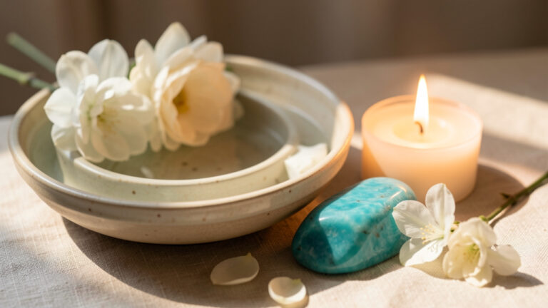 Pierre turquoise posée près d’un bol d’eau, de fleurs pâles et d’une bougie dans une ambiance sereine évoquant la parole apaisée et l’équilibre émotionnel.