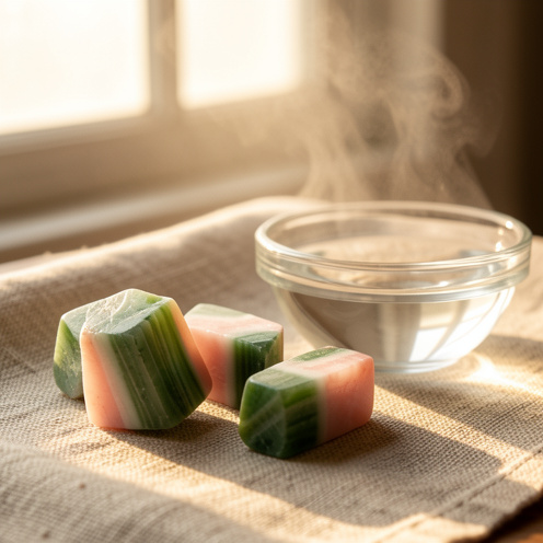 Gros plan de cristaux d’unakite aux teintes vertes et roses, éclairage doux et ambiance apaisante, posés sur un tissu naturel près d’un bol d’eau.