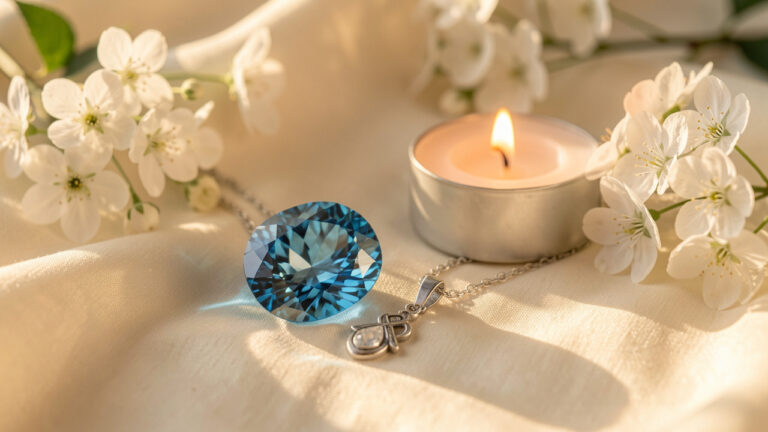 Pierre de zircon bleue lumineuse posée près d’un pendentif argenté, entourée de fleurs blanches et éclairée par une douce lumière chaleureuse.